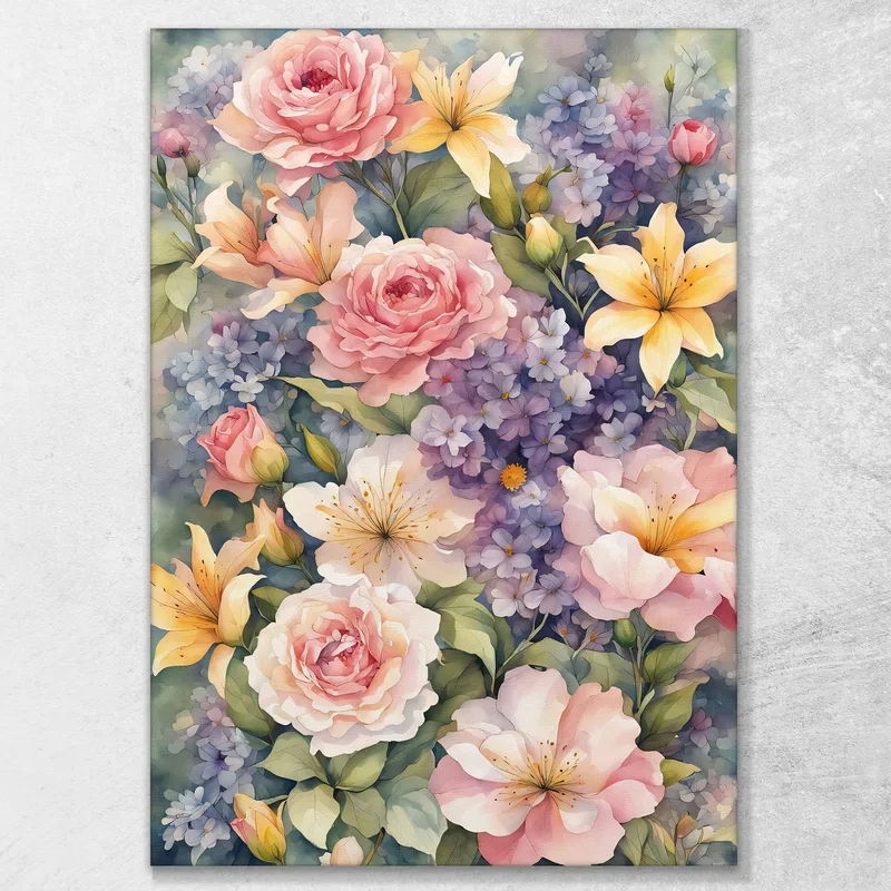 Quadro Botanico Moderno Giardino Fiorito Acquerello Con Rose E Gigli