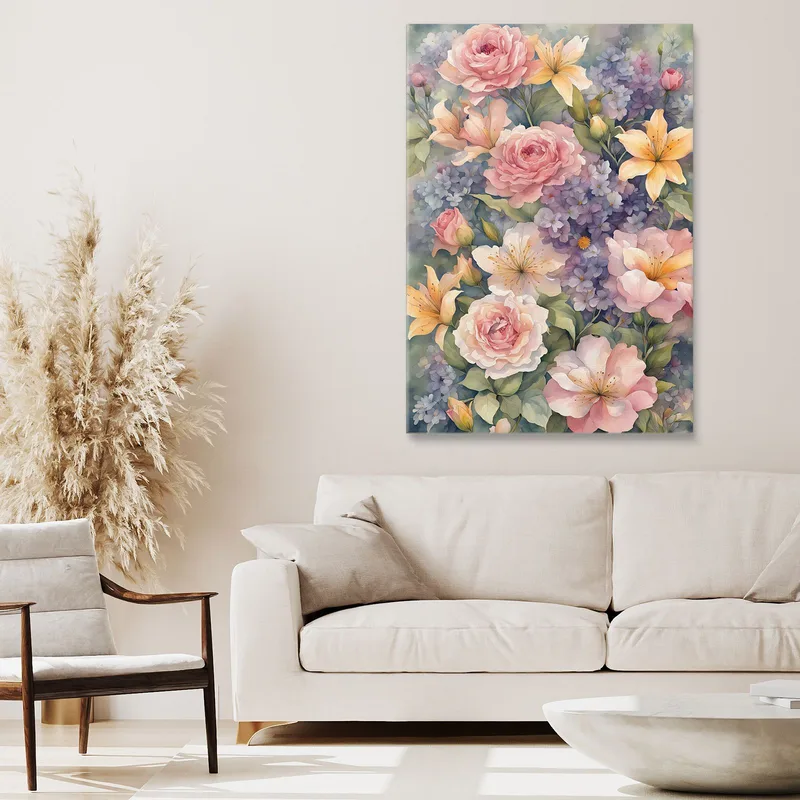 Quadro Botanico Moderno Giardino Fiorito Acquerello Con Rose E Gigli
