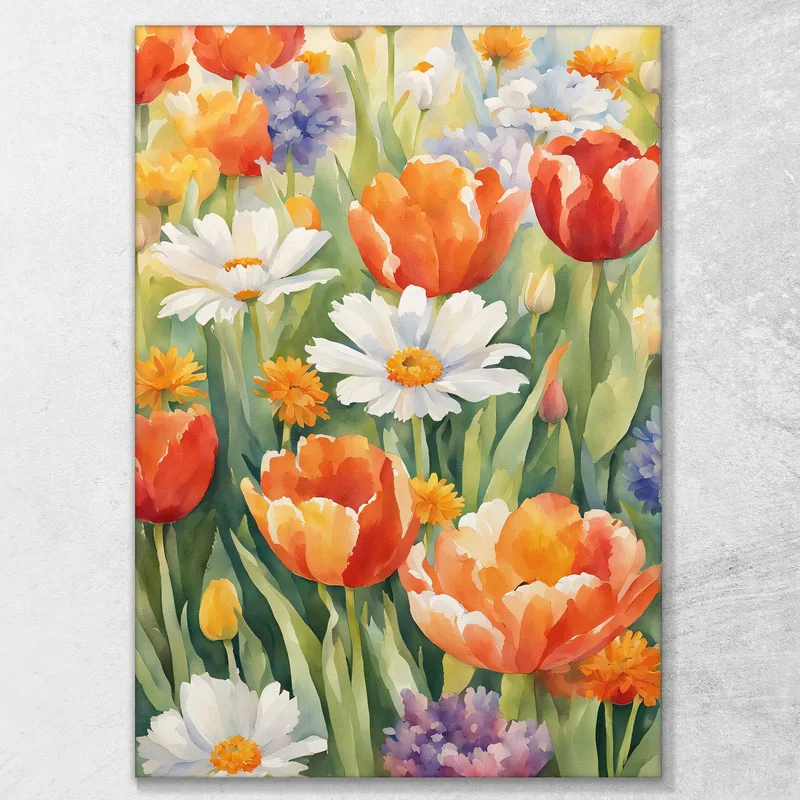 Jardin De Fleurs Aquarelle Peinture Botanique Moderne Avec Tulipes Et Marguerites