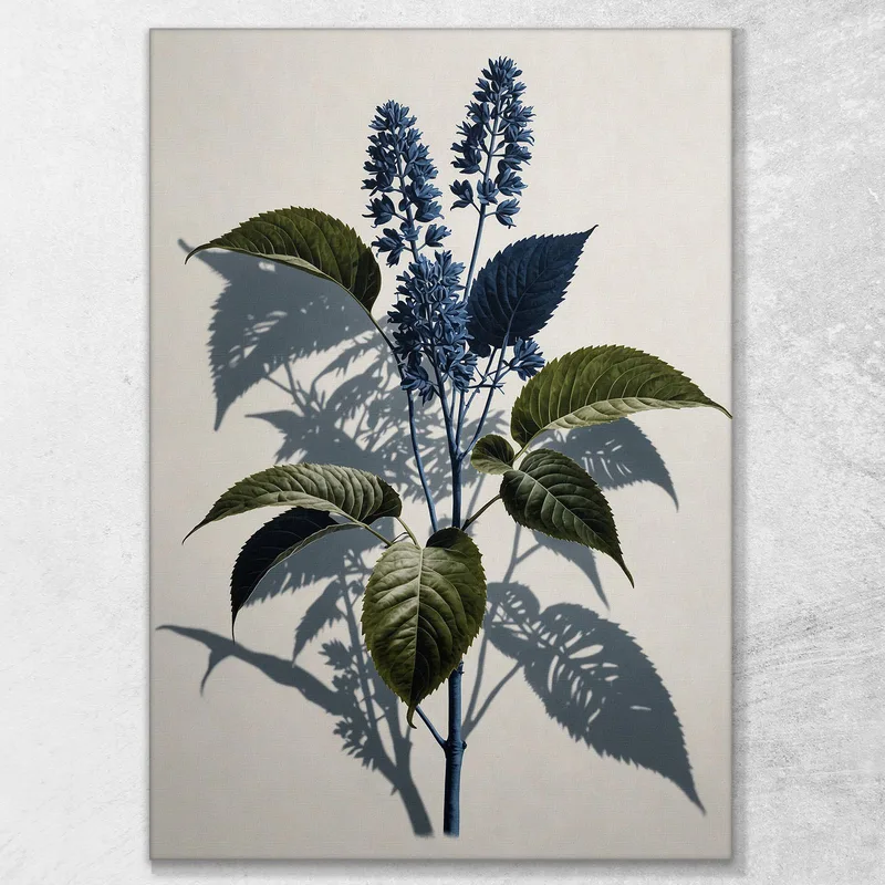 Pintura Botánica Moderna Ilustración Abstracta Hojas Verdes Y Flores Azules