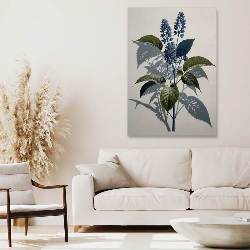 Pintura Botánica Moderna Ilustración Abstracta Hojas Verdes Y Flores Azules