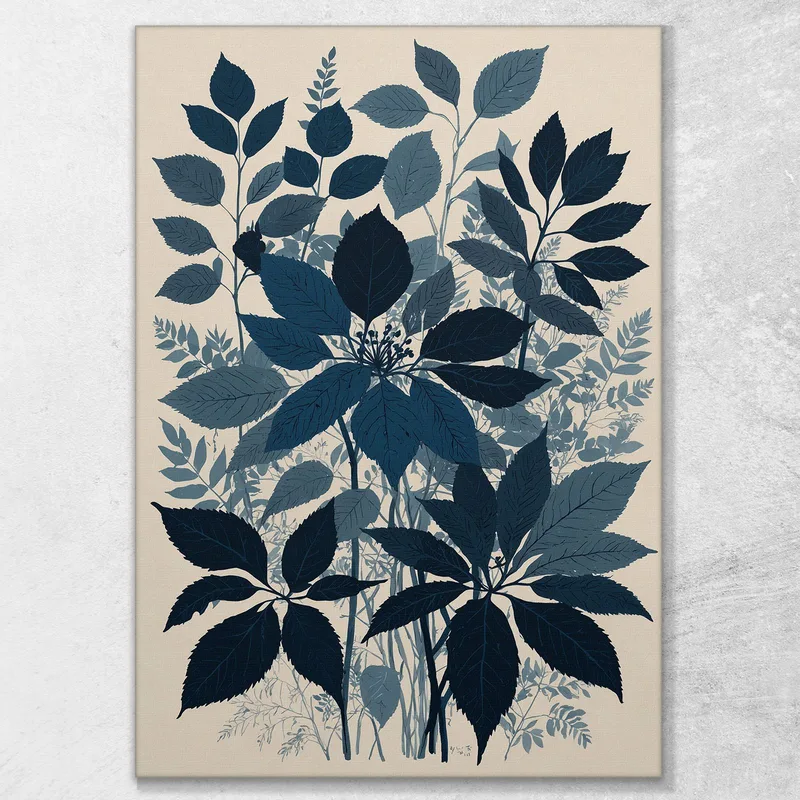 Pintura Botánica Moderna Naturaleza Hojas Azules Abstractas