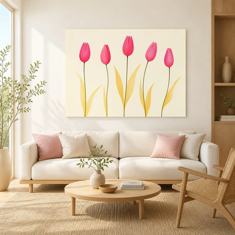 Impresion en lienzo tulipanes rosas sobre crema
