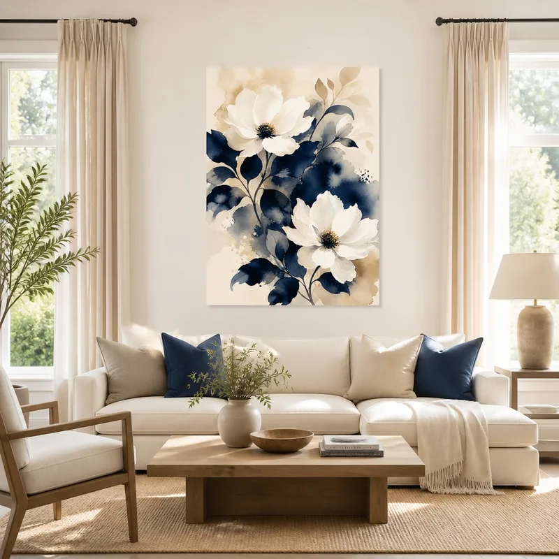 Marineblau Weiße Blumen-Eleganz drucken auf leinwand