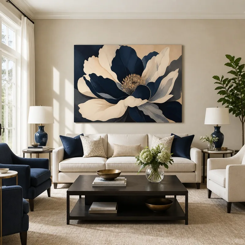 Canvas art print navy and cream floral elegance