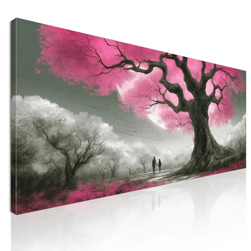 Botanical Framework Tree With Pink Flowers And Couple At Sunset canvas print