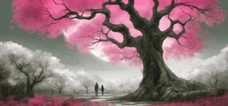 Botanical Framework Tree With Pink Flowers And Couple At Sunset