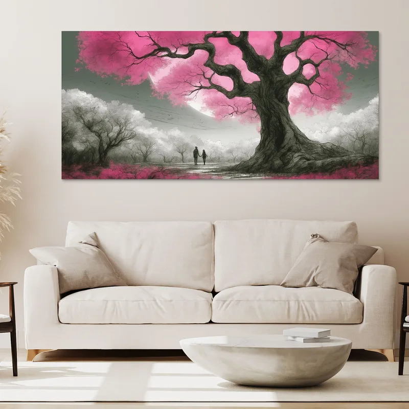 Botanical Framework Tree With Pink Flowers And Couple At Sunset