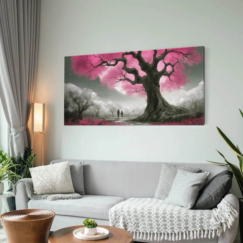 Botanical Framework Tree With Pink Flowers And Couple At Sunset