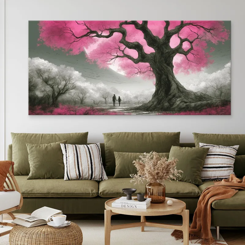 Botanical Framework Tree With Pink Flowers And Couple At Sunset