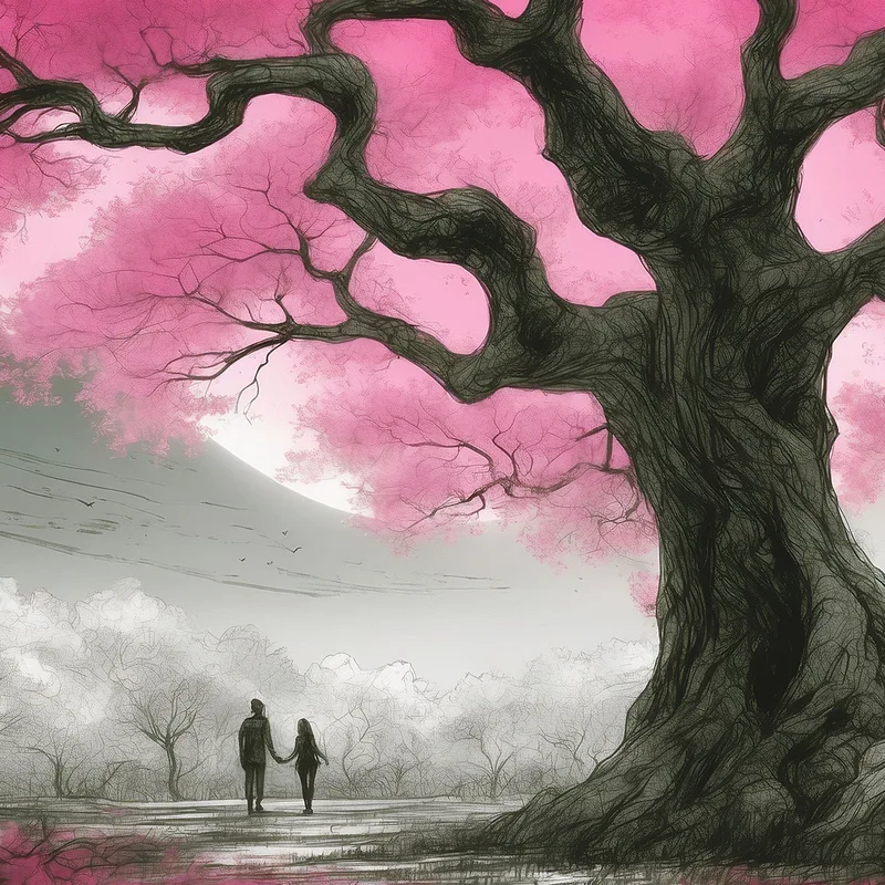 Botanical Framework Tree With Pink Flowers And Couple At Sunset