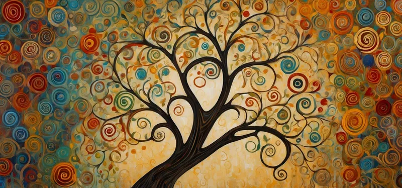 Quadro Botanico Albero Della Vita Con Spirali Colorate E Sfondo Dorato