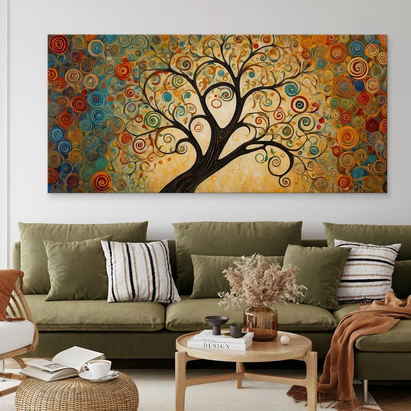 Quadro Botanico Albero Della Vita Con Spirali Colorate E Sfondo Dorato