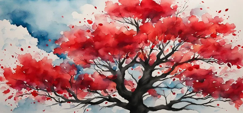 Botanical Painting Red Tree With Abstract Watercolor Background