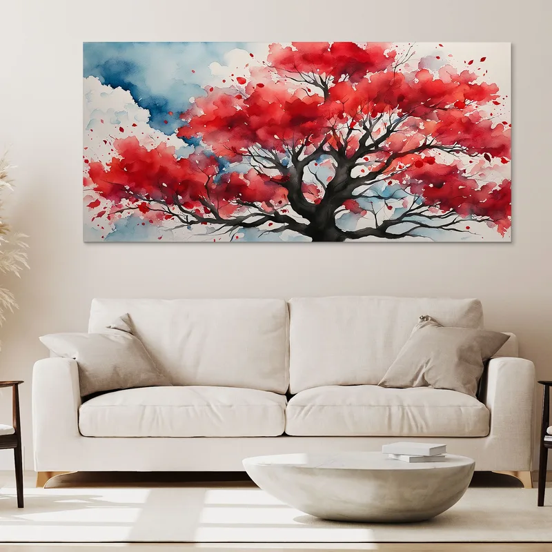 Botanical Painting Red Tree With Abstract Watercolor Background