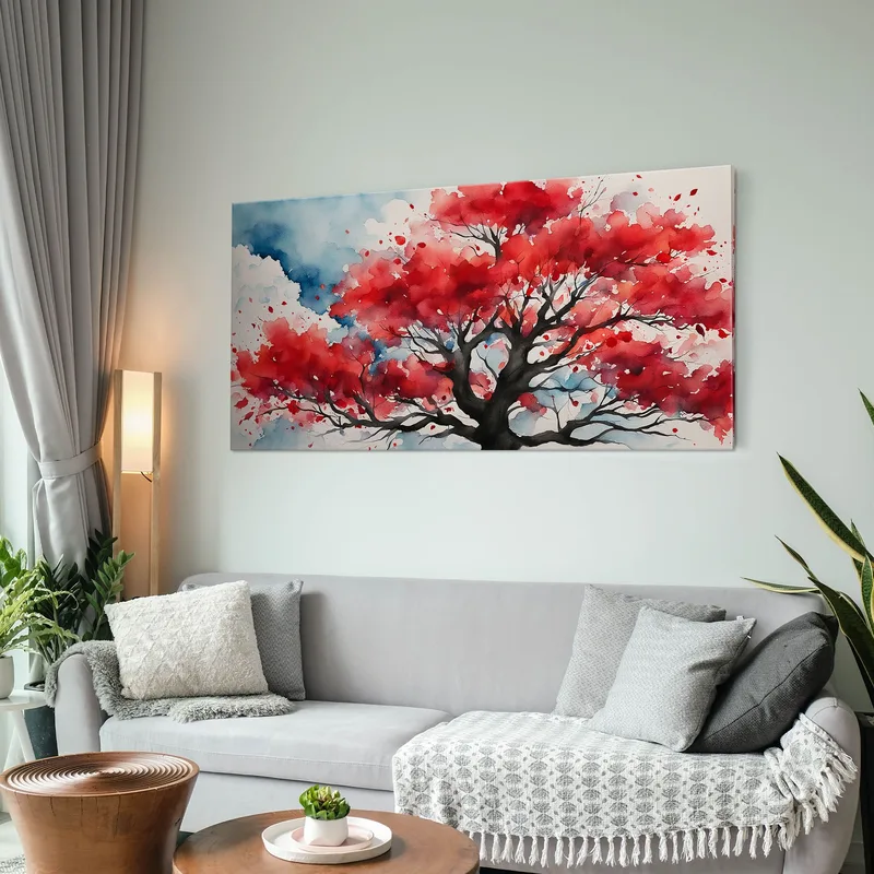 Botanical Painting Red Tree With Abstract Watercolor Background