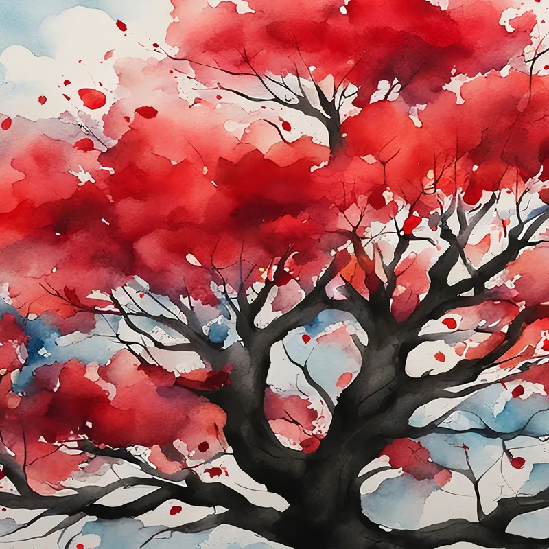 Botanical Painting Red Tree With Abstract Watercolor Background