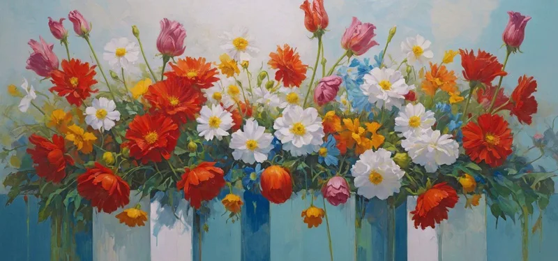 Botanical Painting Colorful Bouquet Of Flowers In Decorative Vases
