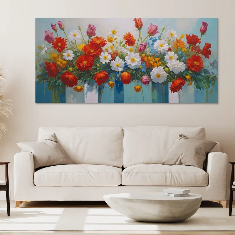 Botanical Painting Colorful Bouquet Of Flowers In Decorative Vases