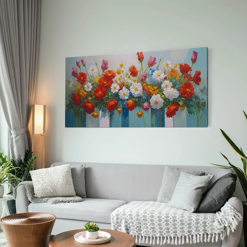 Botanical Painting Colorful Bouquet Of Flowers In Decorative Vases
