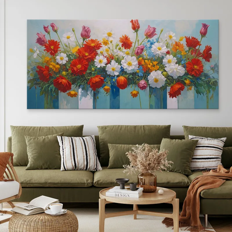 Botanical Painting Colorful Bouquet Of Flowers In Decorative Vases