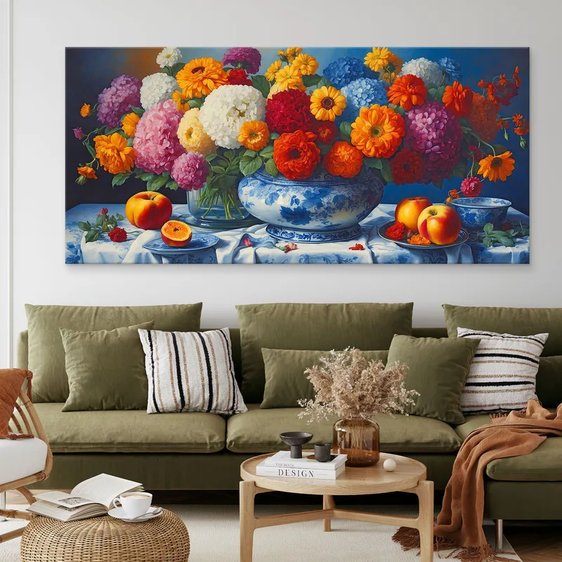 Botanischer Rahmen Blumenstrauß Aus Bunten Blumen Und Frischen Früchten Aus Blauem Porzellan