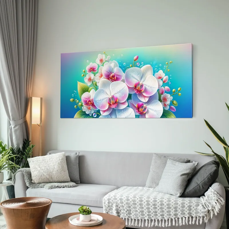 Marco Botánico Ramo De Orquídeas Blancas Y Rosadas Con Gotas De Agua