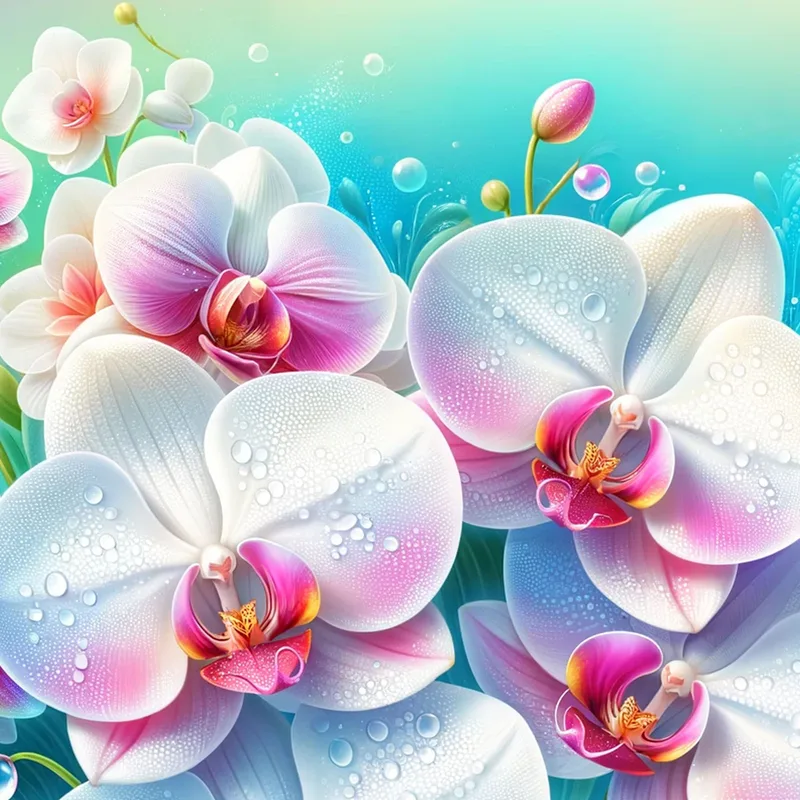 Marco Botánico Ramo De Orquídeas Blancas Y Rosadas Con Gotas De Agua