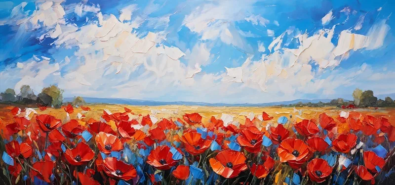 Campo De Pintura Botánica De Amapolas Rojas Bajo Un Cielo Azul Brillante