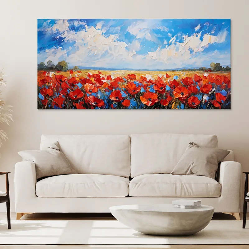 Campo De Pintura Botánica De Amapolas Rojas Bajo Un Cielo Azul Brillante
