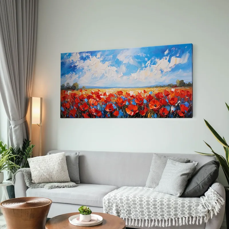 Campo De Pintura Botánica De Amapolas Rojas Bajo Un Cielo Azul Brillante