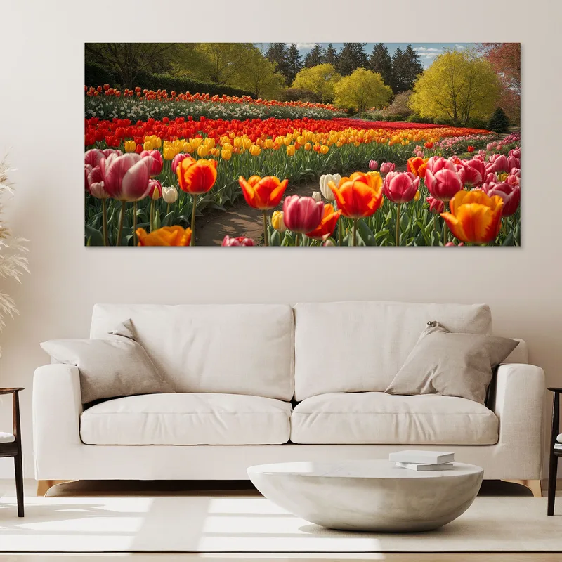 Quadro Botanico Campo Di Tulipani Colorati In Primavera