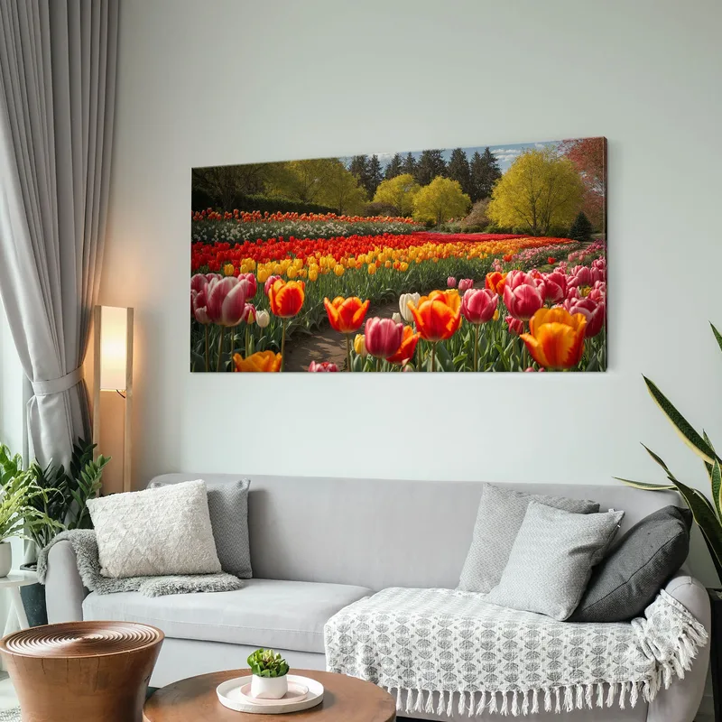 Quadro Botanico Campo Di Tulipani Colorati In Primavera