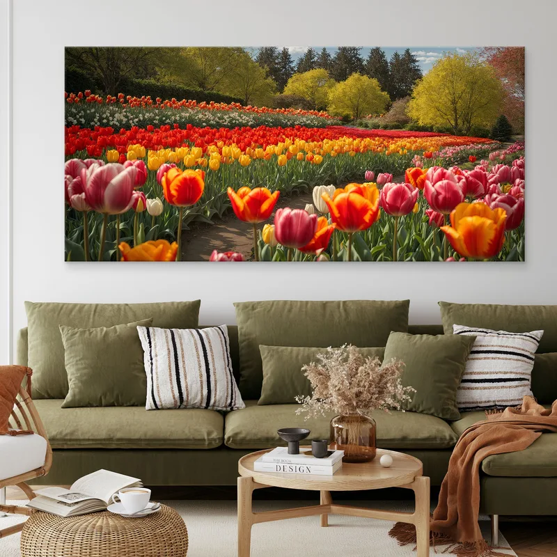 Quadro Botanico Campo Di Tulipani Colorati In Primavera