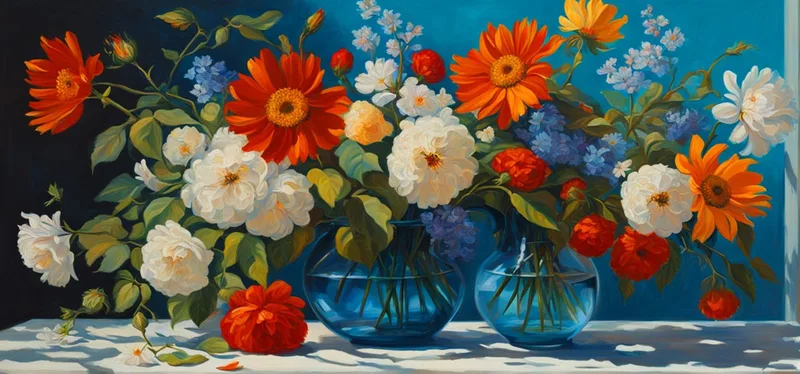 Botanische Rahmenkomposition Aus Lebendigen Blumen In Blauen Glasvasen