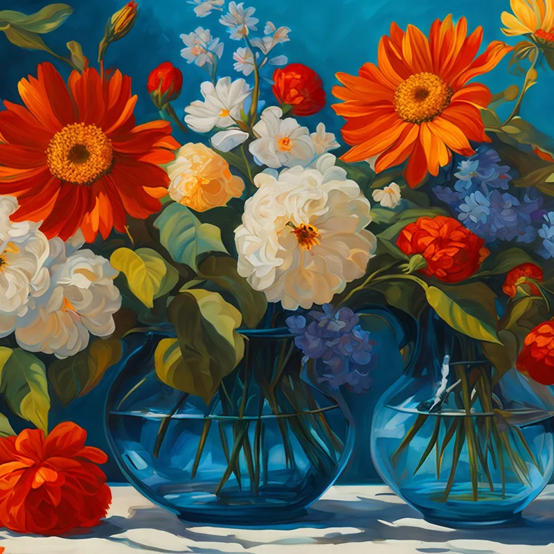 Botanische Rahmenkomposition Aus Lebendigen Blumen In Blauen Glasvasen