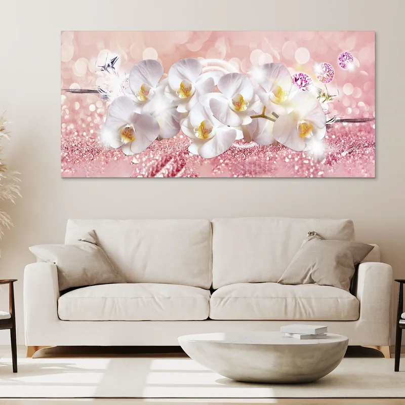 Quadro Botanico Fiori Di Orchidea Bianca Su Sfondo Rosa