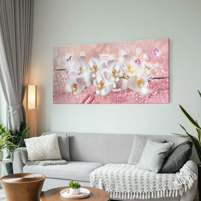Quadro Botanico Fiori Di Orchidea Bianca Su Sfondo Rosa