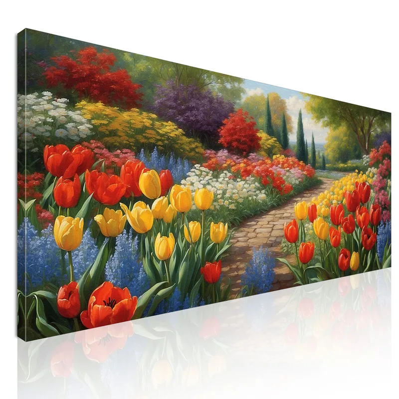 Botanical Painting Of Flower Garden With Path Among Colored Tulips canvas print