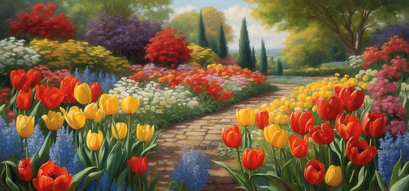 Botanisches Gemälde Eines Blumengartens Mit Pfad Zwischen Farbigen Tulpen