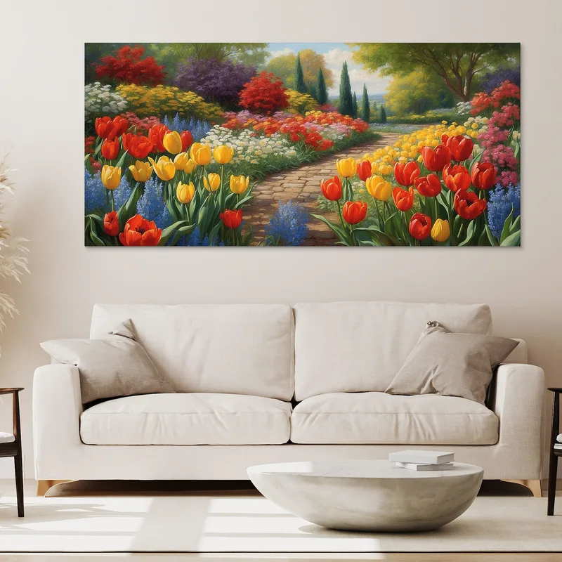 Botanisches Gemälde Eines Blumengartens Mit Pfad Zwischen Farbigen Tulpen
