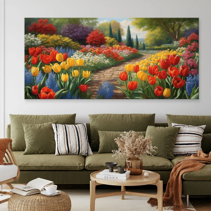 Botanisches Gemälde Eines Blumengartens Mit Pfad Zwischen Farbigen Tulpen
