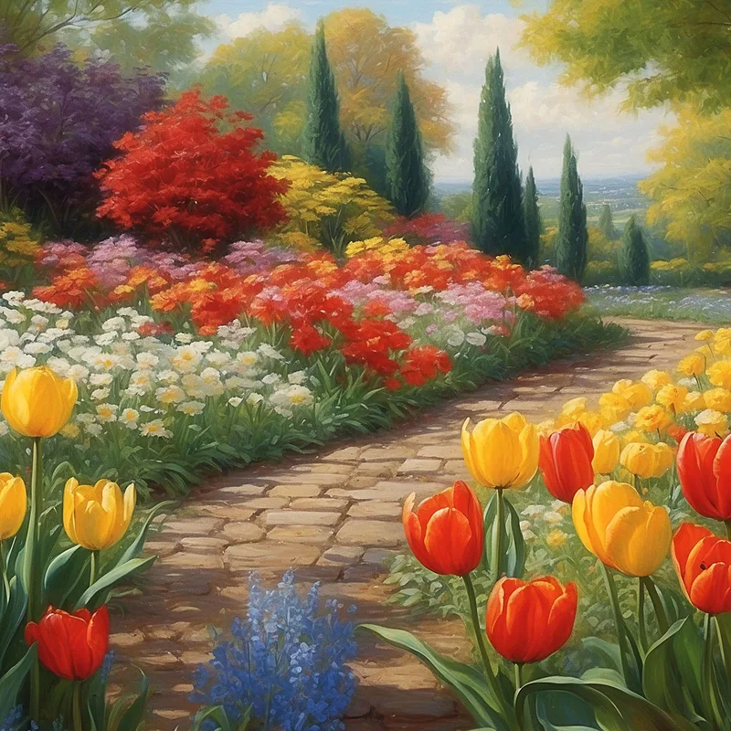Botanisches Gemälde Eines Blumengartens Mit Pfad Zwischen Farbigen Tulpen