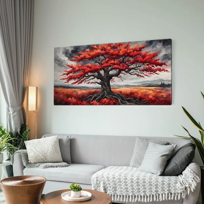 Quadro Botanico Grande Albero Con Foglie Rosse Su Sfondo Di Cielo Grigio