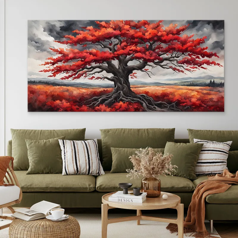 Quadro Botanico Grande Albero Con Foglie Rosse Su Sfondo Di Cielo Grigio