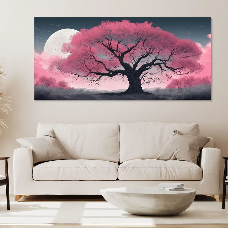 Quadro Botanico Grande Albero Rosa Illuminato Dalla Luna