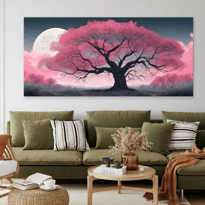 Quadro Botanico Grande Albero Rosa Illuminato Dalla Luna