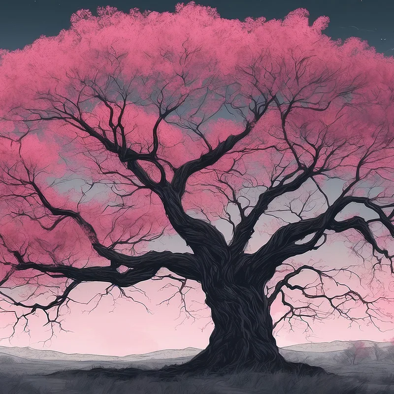 Quadro Botanico Grande Albero Rosa Illuminato Dalla Luna