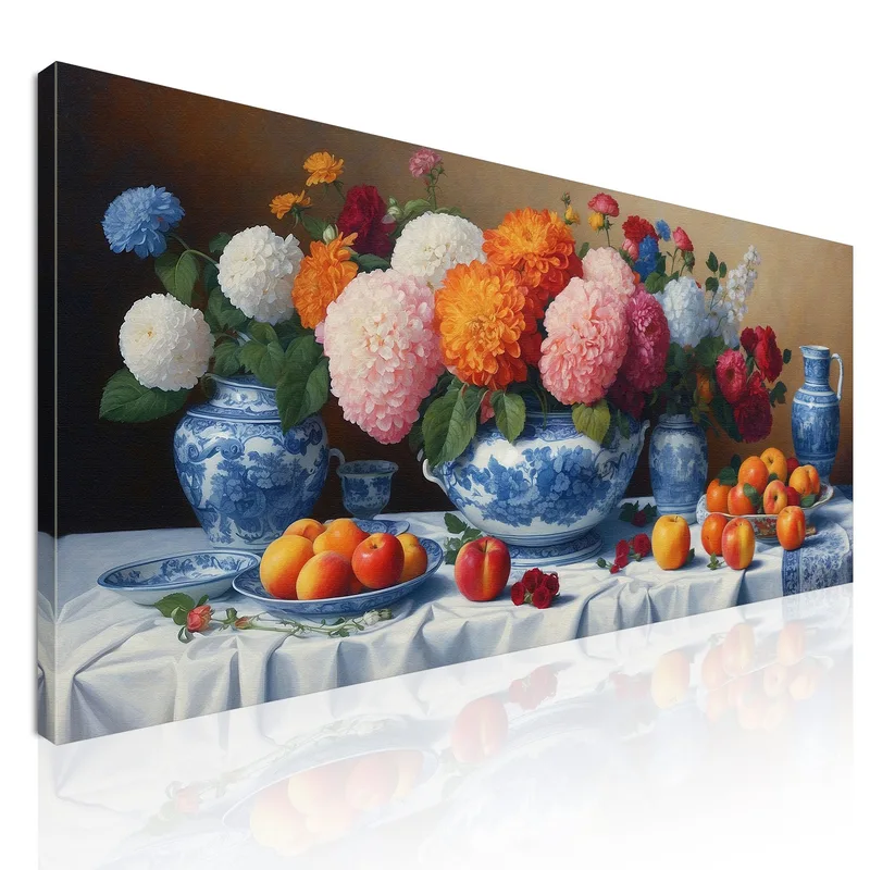 Botanical Painting Still Life With Flowers And Fruit In Blue Porcelain Vases canvas print