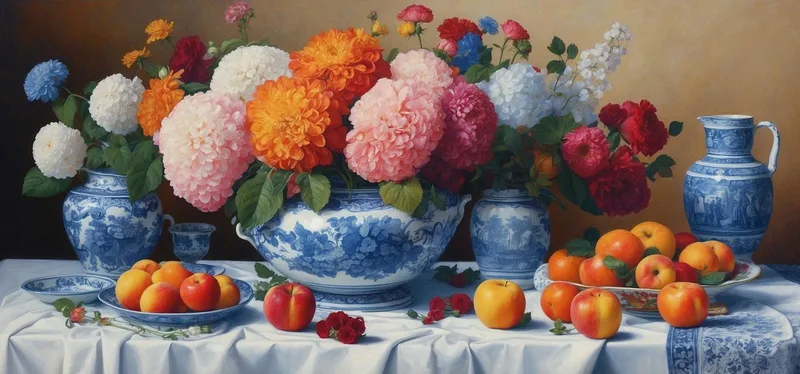 Peinture Botanique Nature Morte Avec Fleurs Et Fruits Dans Des Vases En Porcelaine Bleue